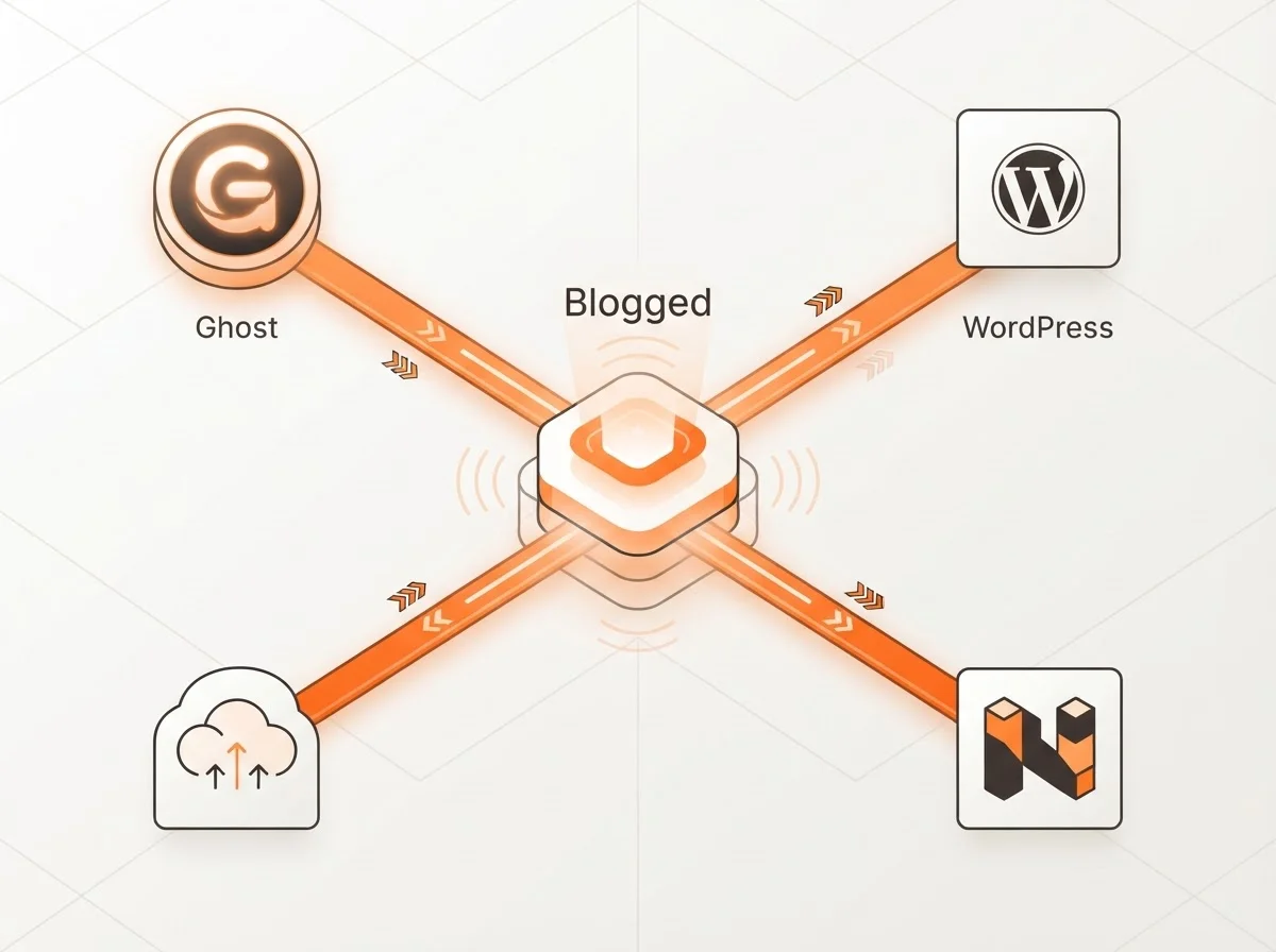 Icons of Ghost, WordPress, Webflow, and Next.js connected to Blogged.
