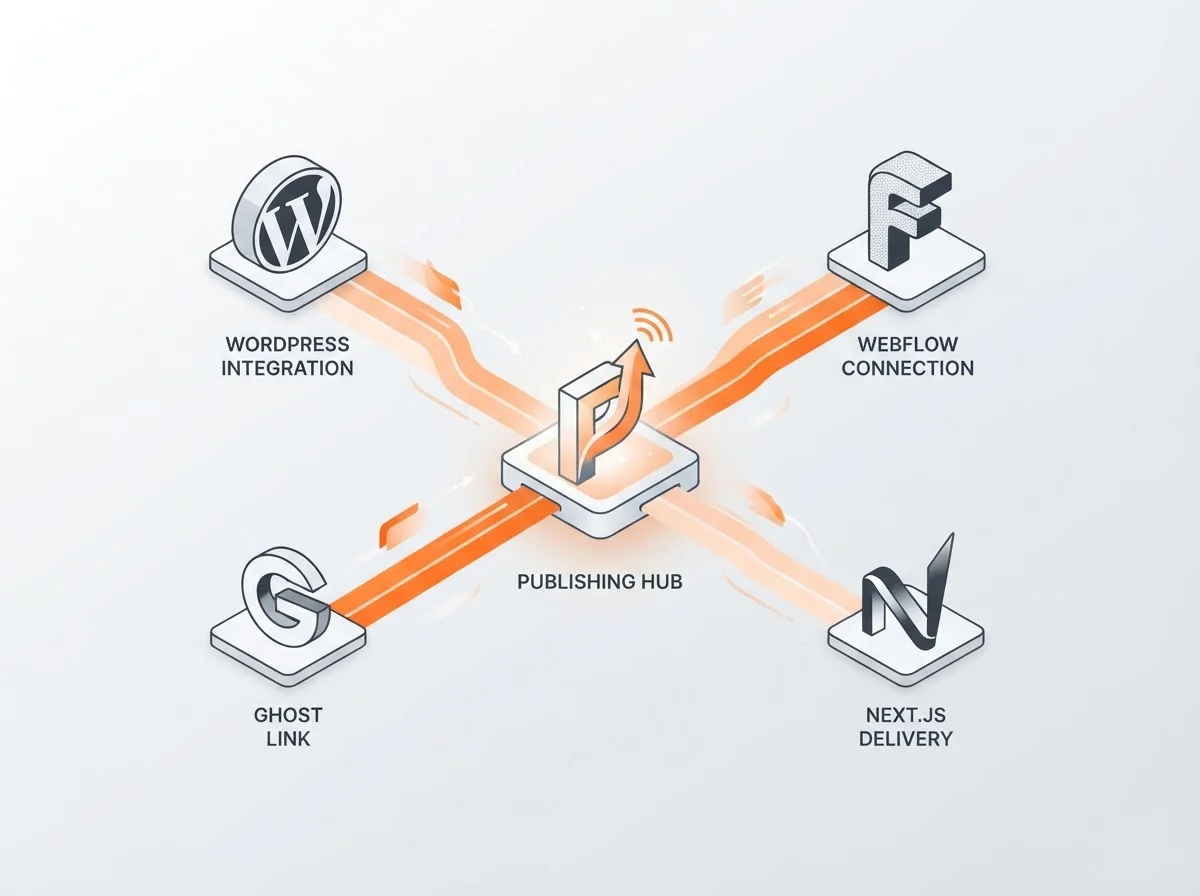 Icons of supported CMS platforms including WordPress and Webflow.