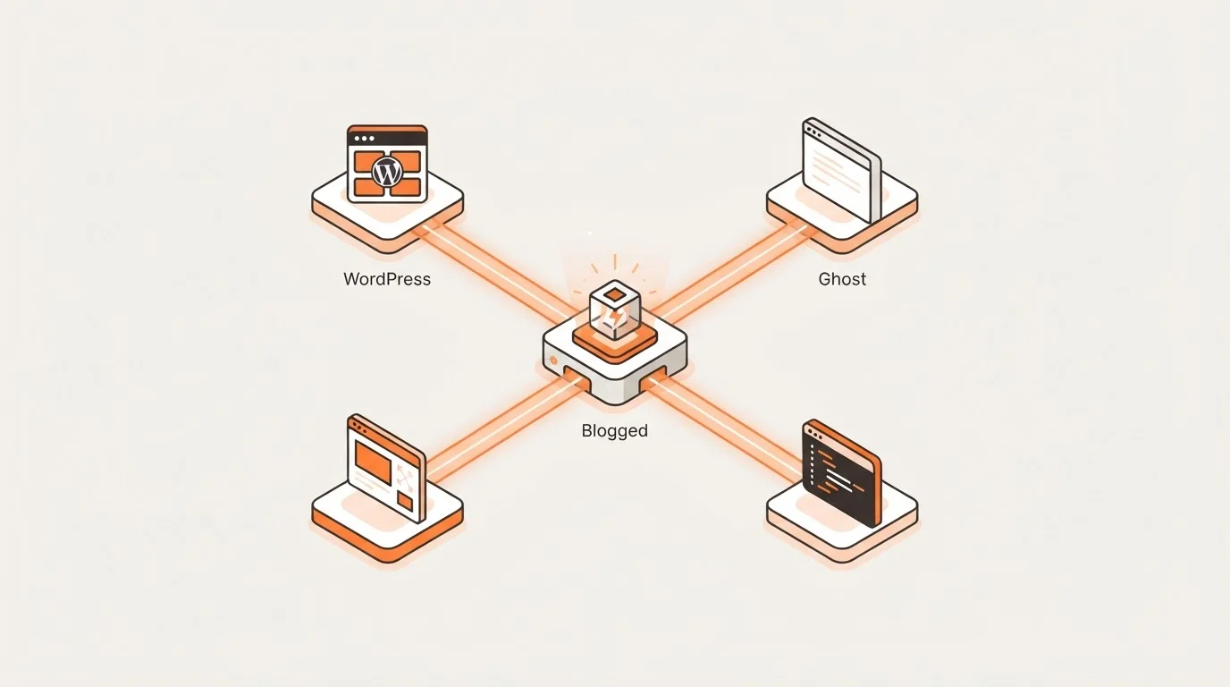 Graphic showing Blogged integrations with WordPress Ghost Webflow and Next.js