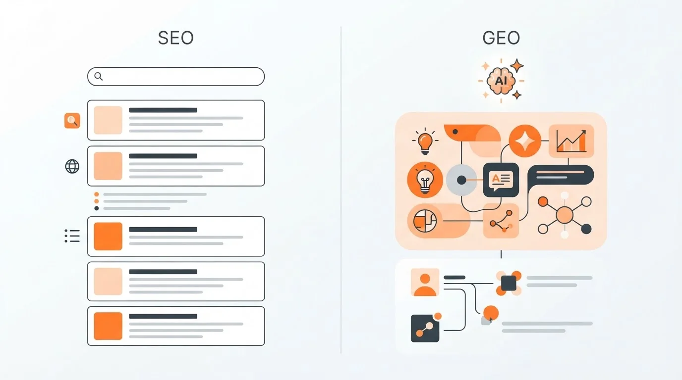 Visual comparison of traditional search engine results and generative AI search overviews.