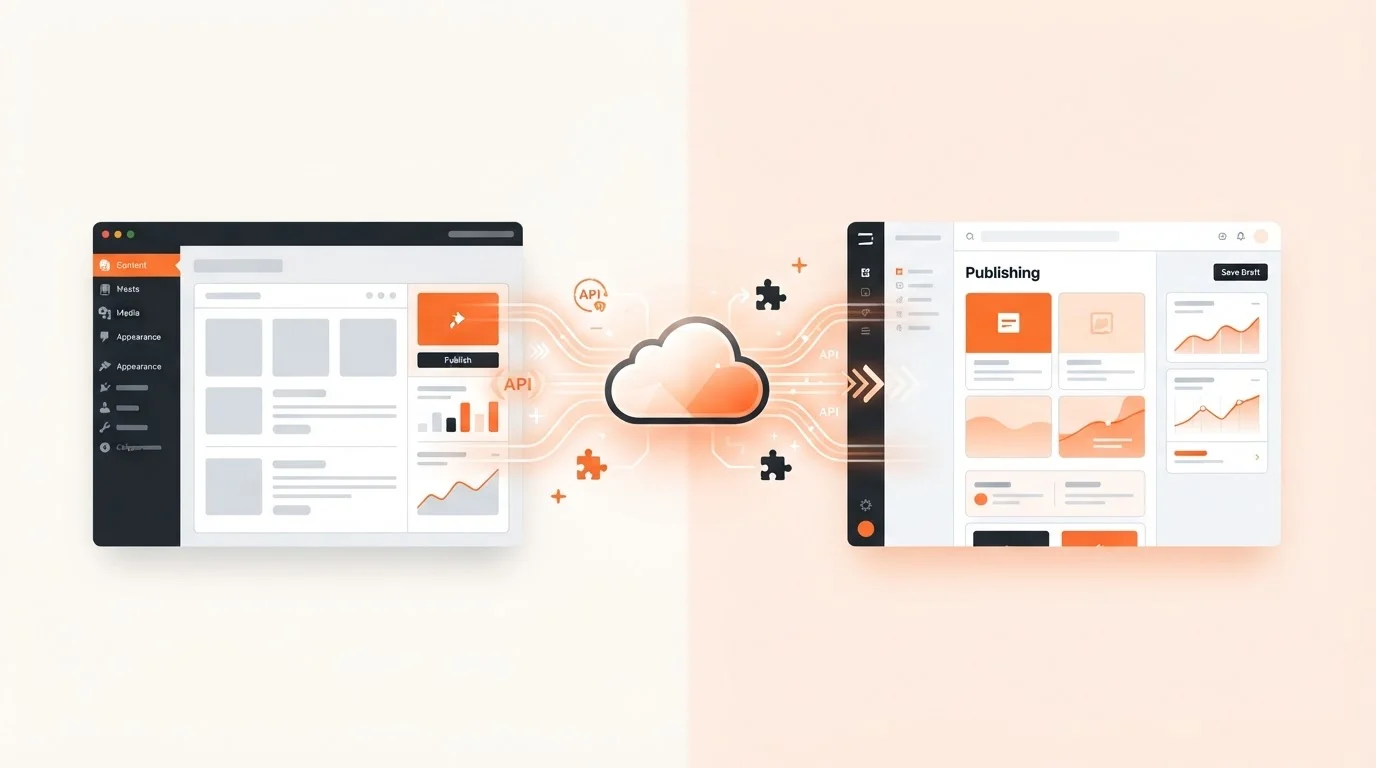 Illustration showing seamless integration between an autonomous blogging platform and CMS platforms like WordPress and Ghost.