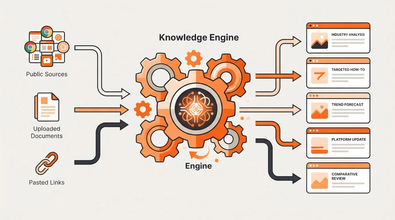 Diagram showing how product documentation and technical specs are converted into niche SaaS blog posts.