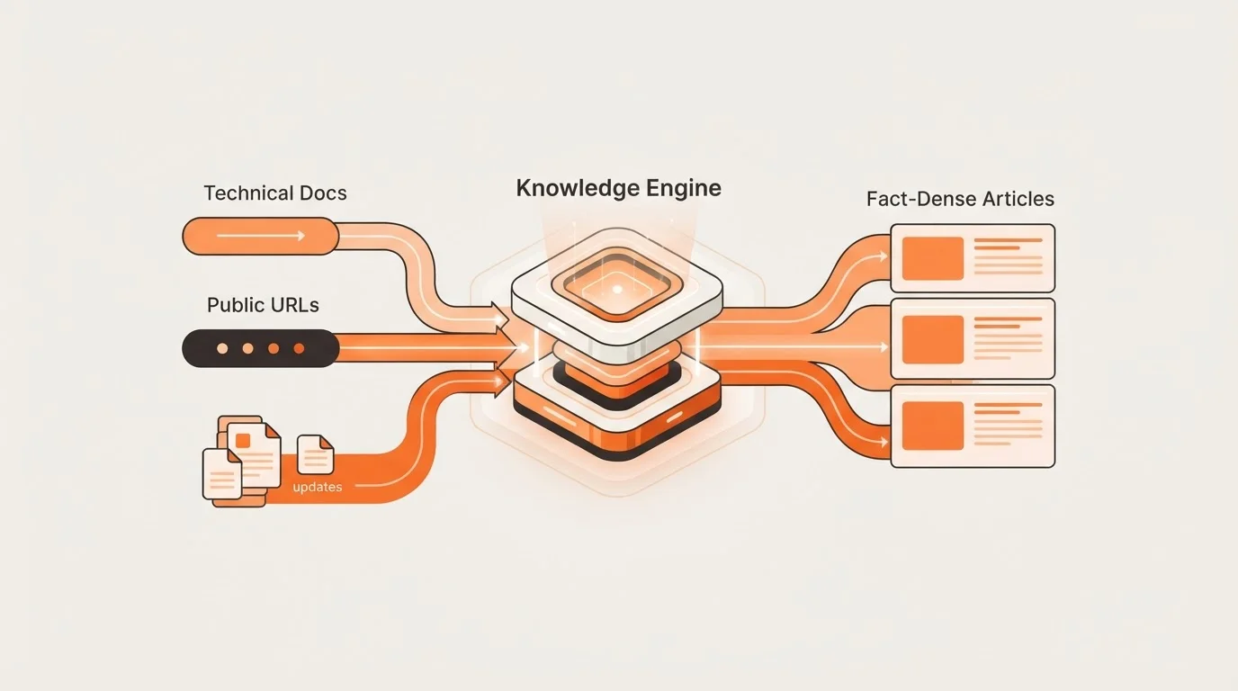Diagram showing how a knowledge engine transforms technical sources into SaaS blog content.