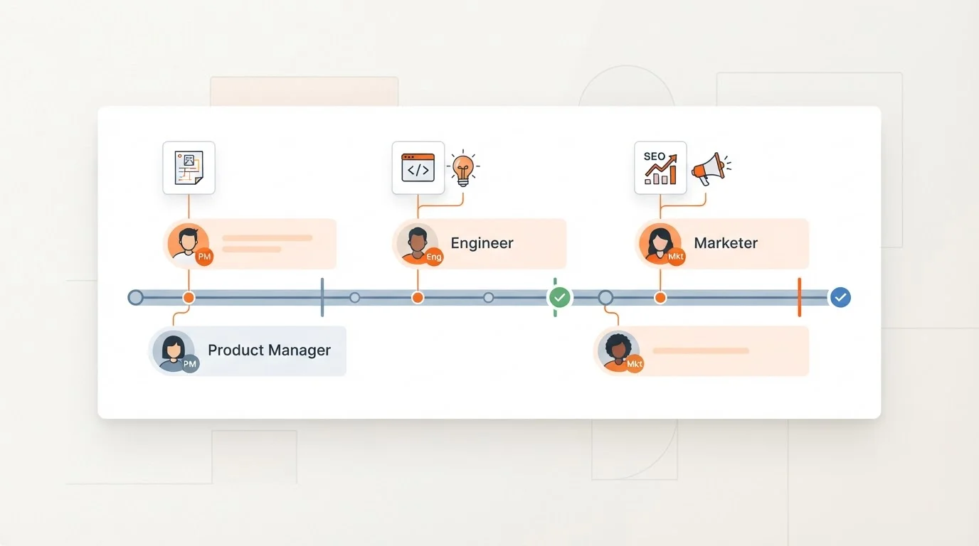 Illustration of a cross-functional team collaborating on a blog post review.