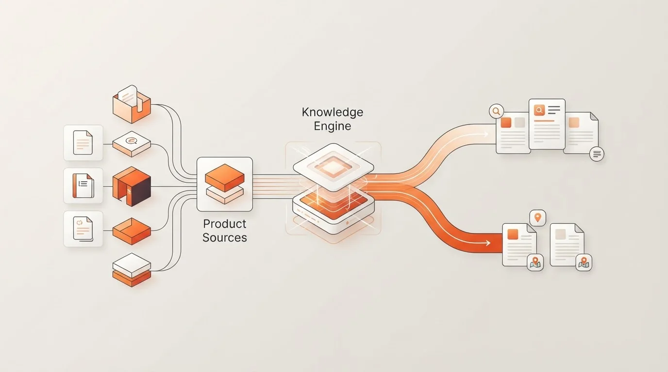 Diagram showing how product documentation feeds into an autonomous blogging knowledge engine