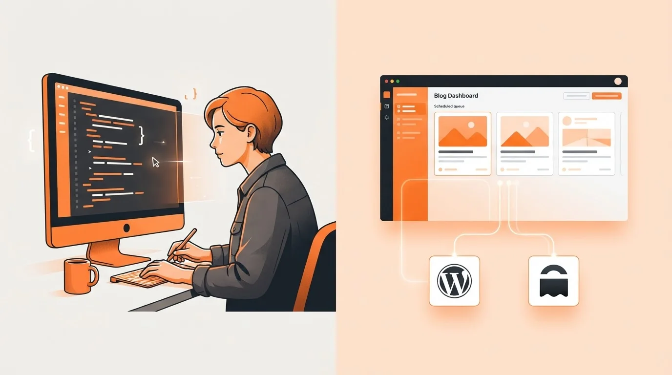Founder dashboard showing automated publishing to WordPress and Ghost