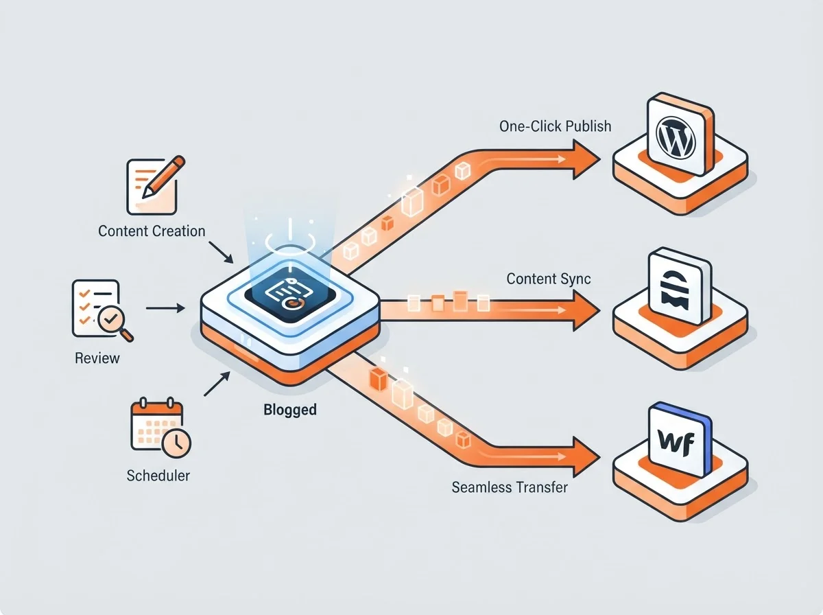 Graphic showing the seamless integration between Blogged and WordPress.