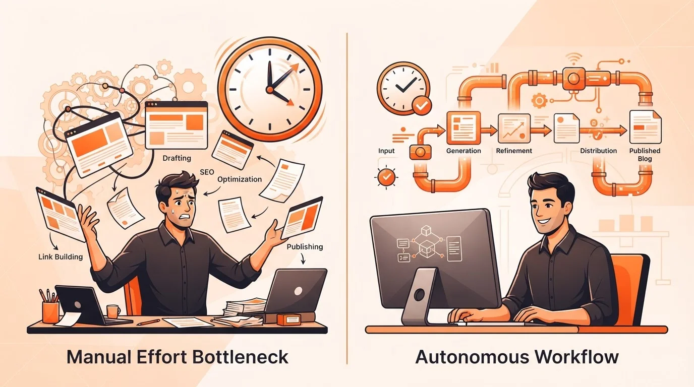 Infographic showing a founder spending 19 hours on manual content tasks versus a founder efficiently building product with automated content.