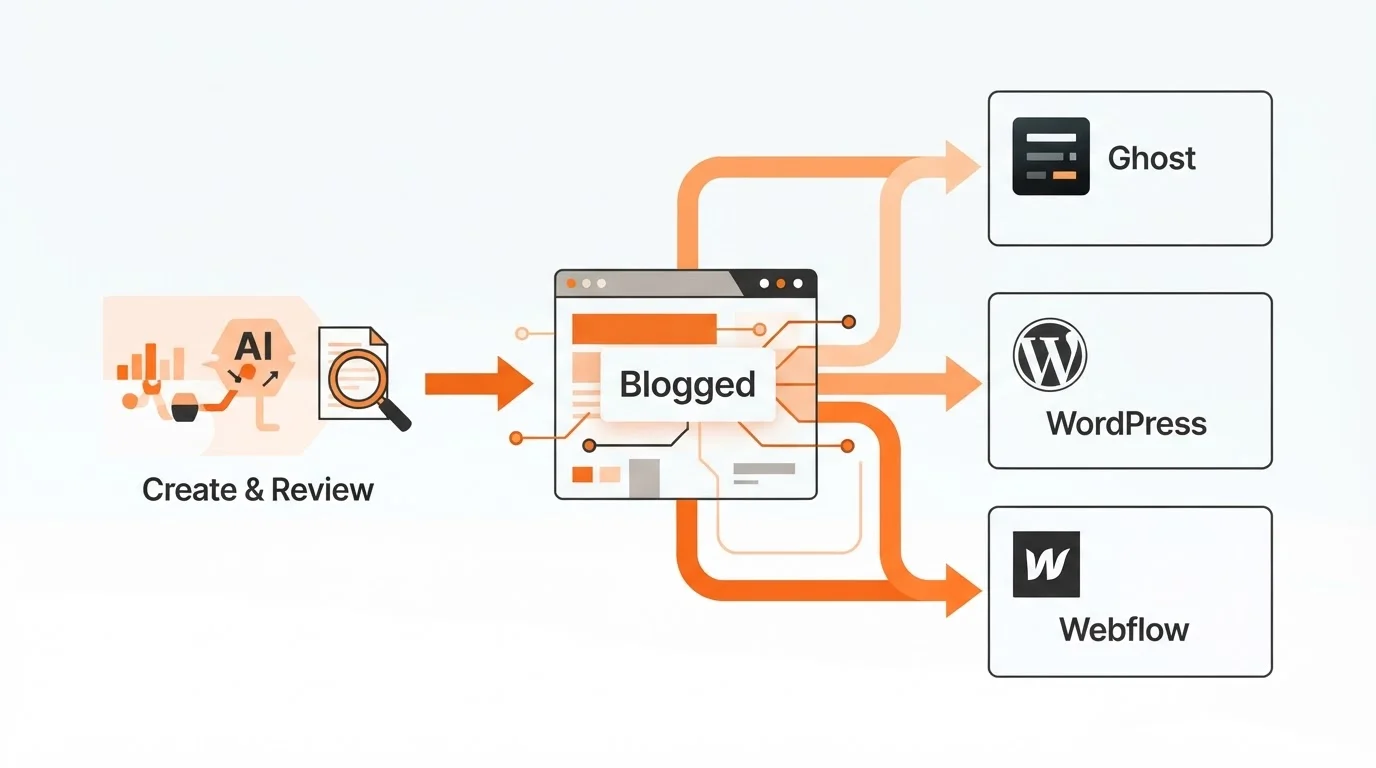 Workflow diagram of Blogged platform integrations with Ghost, WordPress, and Webflow.