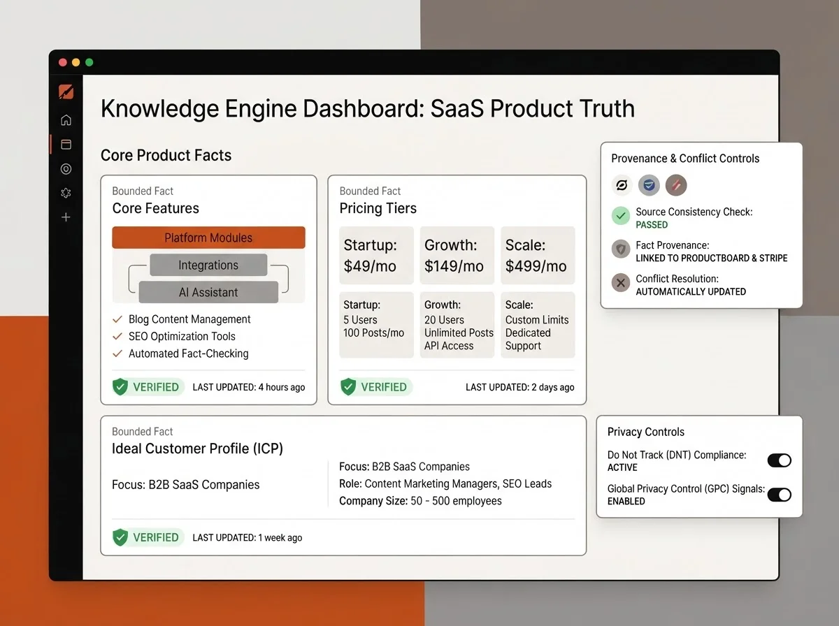 Conceptual dashboard for a SaaS knowledge engine showing verified product facts.