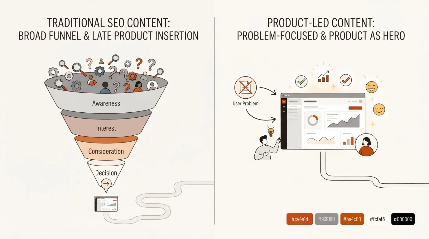 Conceptual diagram contrasting Traditional SEO (generic traffic, product secondary) with Product-Led Content (problem-focused, product as hero).