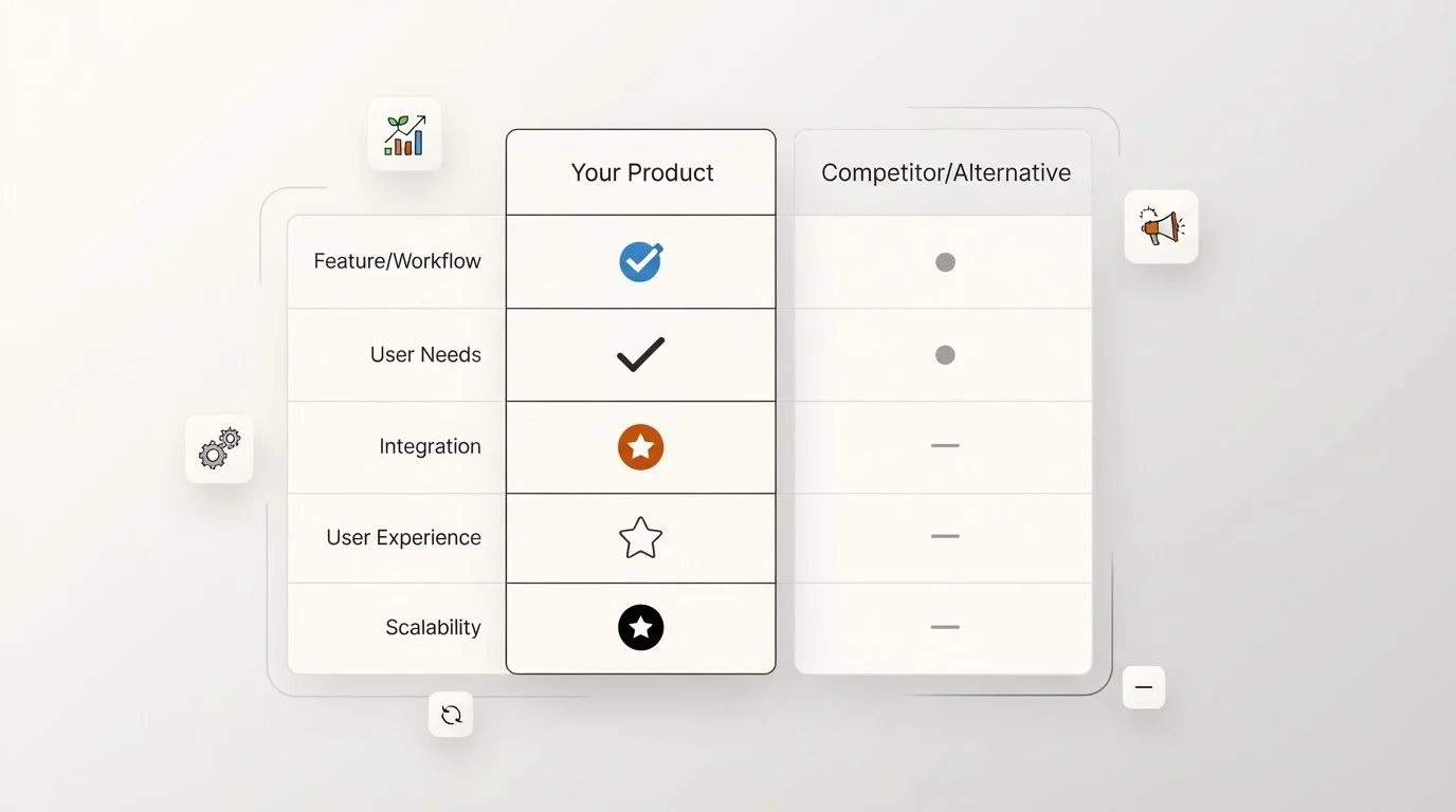 Structured comparison table showing how to compare 'Your Product' against a 'Competitor/Alternative' based on 'Feature/Workflow' and 'User Needs.'