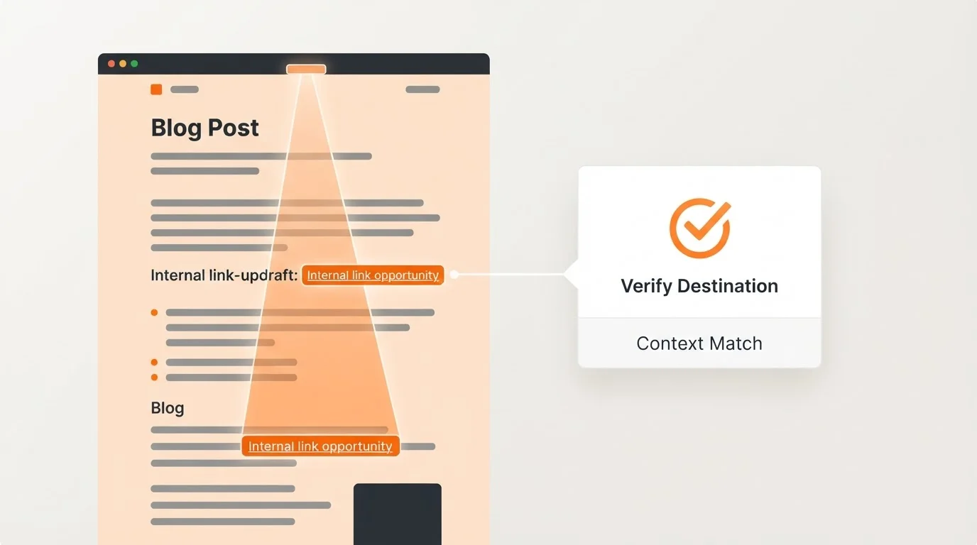 An editor interface showing autonomous internal link suggestions with destination verification.