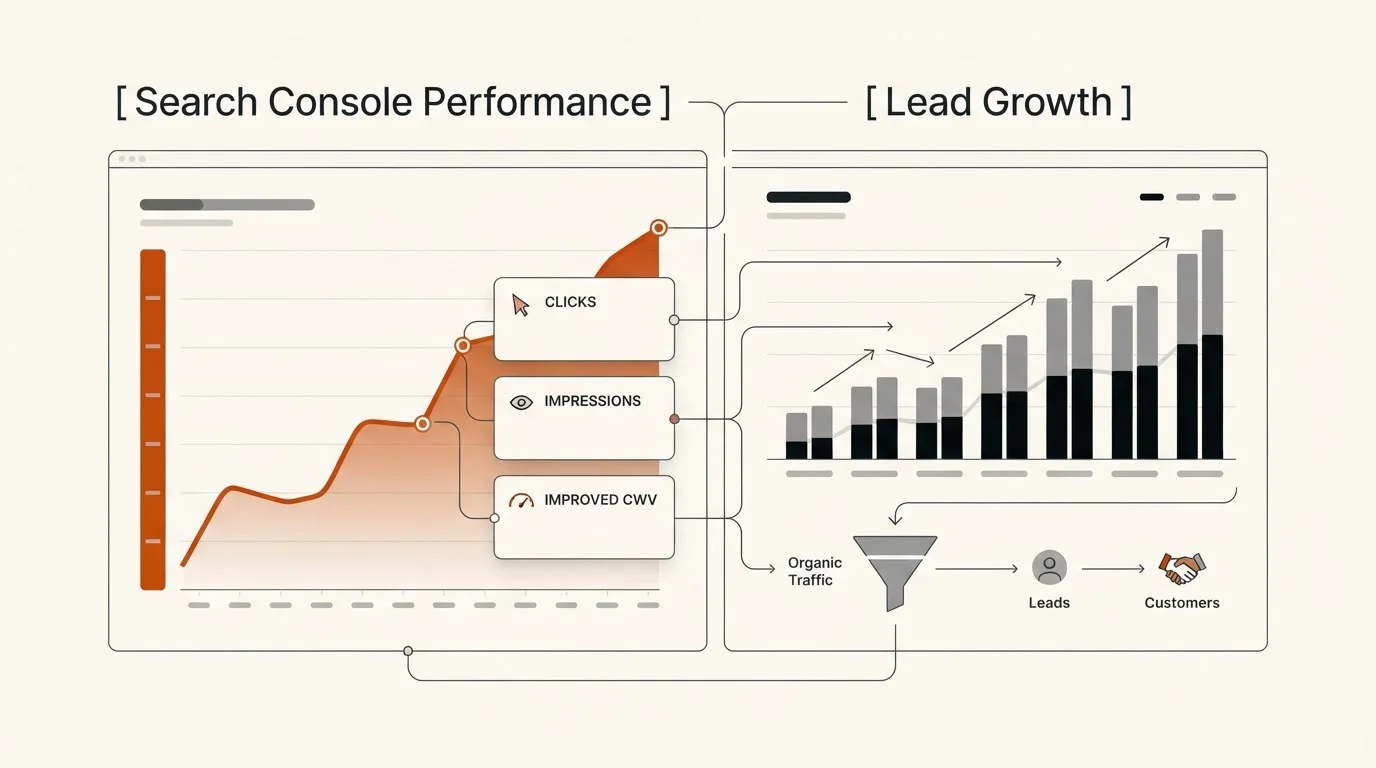 Dashboard showing Google Search Console performance and lead growth data.