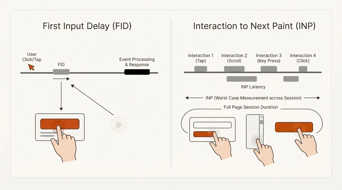 Diagram comparing First Input Delay (FID) and Interaction to Next Paint (INP). FID is shown as a single point of interaction measurement, while INP is depicted as continuous measurement across multiple user interactions over a timeline.