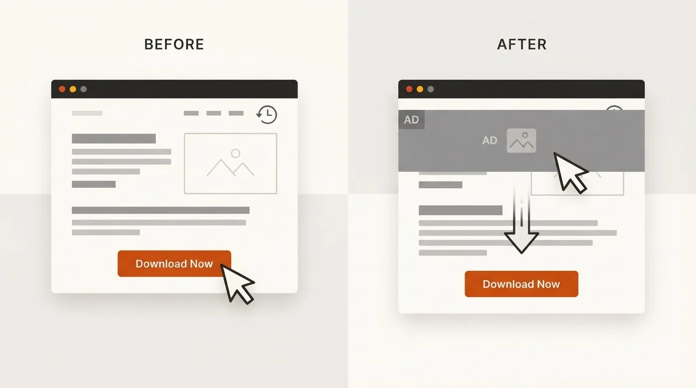Two-panel illustration demonstrating Cumulative Layout Shift (CLS). In the first panel, a cursor is about to click a button. In the second panel, new content loads above the button, shifting it downwards and causing the cursor to accidentally click an unintended element, highlighting visual instability.