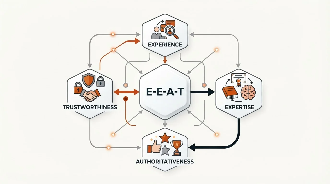 Diagram illustrating the E-E-A-T framework with Experience, Expertise, Authoritativeness, and Trustworthiness connected to a central E-E-A-T hub.