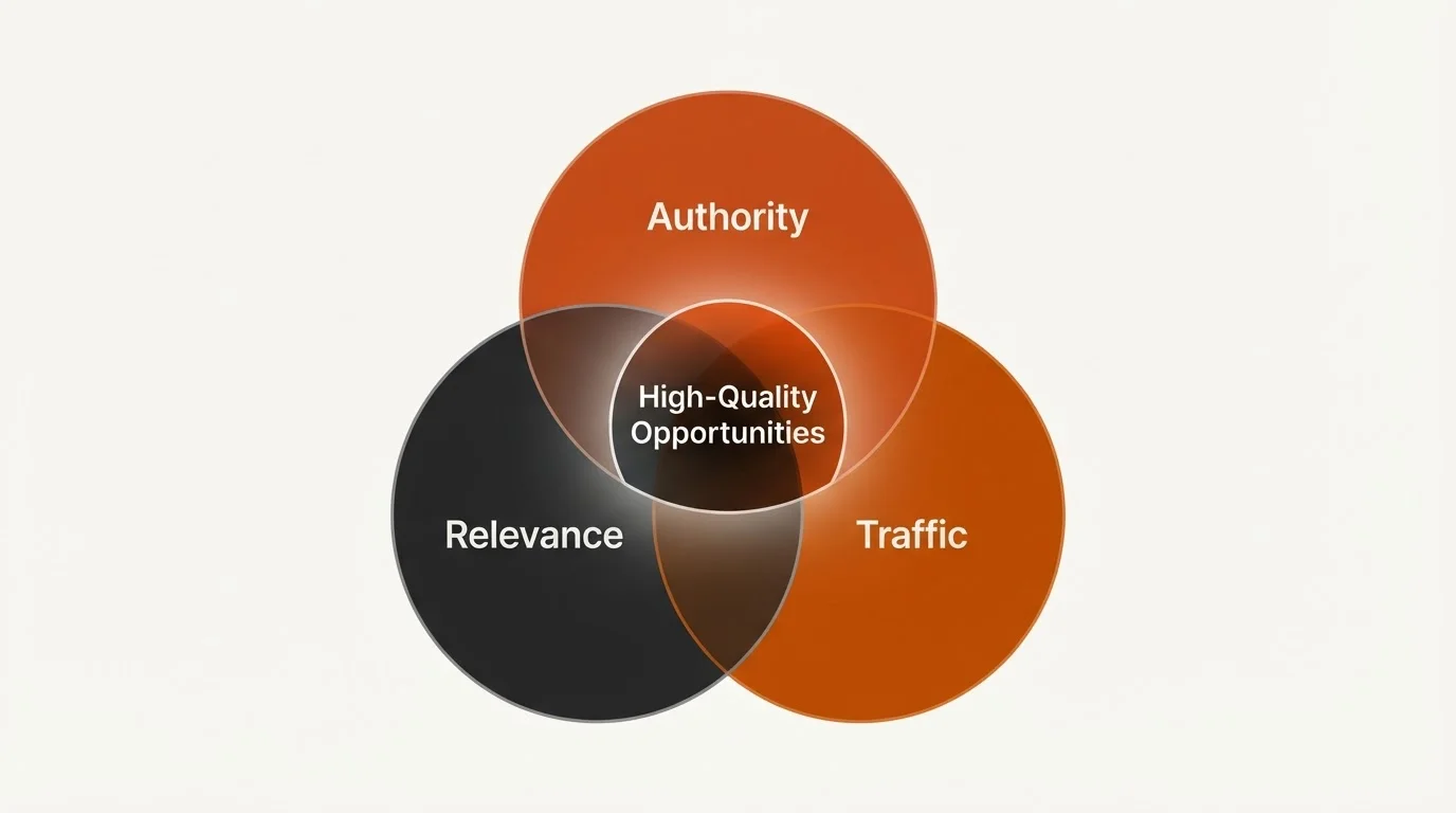 Diagram showing the three pillars of SaaS link building: Authority, Relevance, and Traffic.