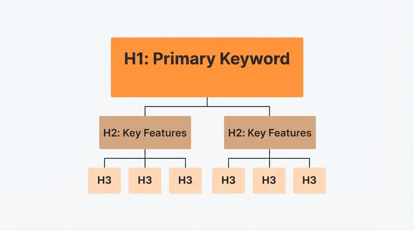 Diagram of SaaS SEO heading hierarchy showing H1, H2, and H3 structure.