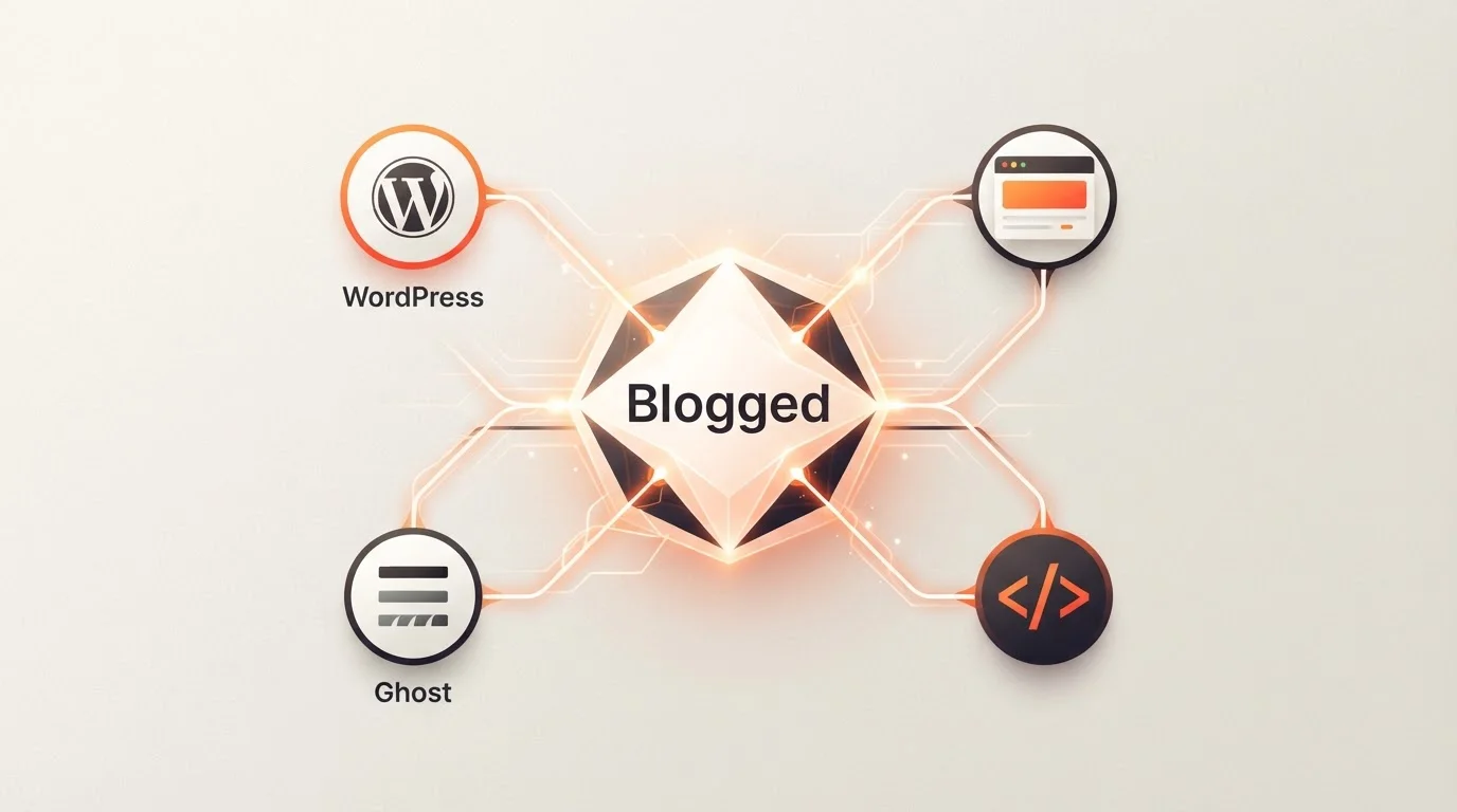 Visual representation of Blogged integrations with WordPress, Ghost, and Webflow