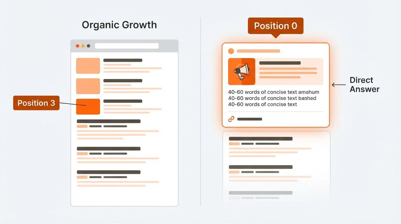 Comparison of standard organic search result and a featured snippet at position zero.