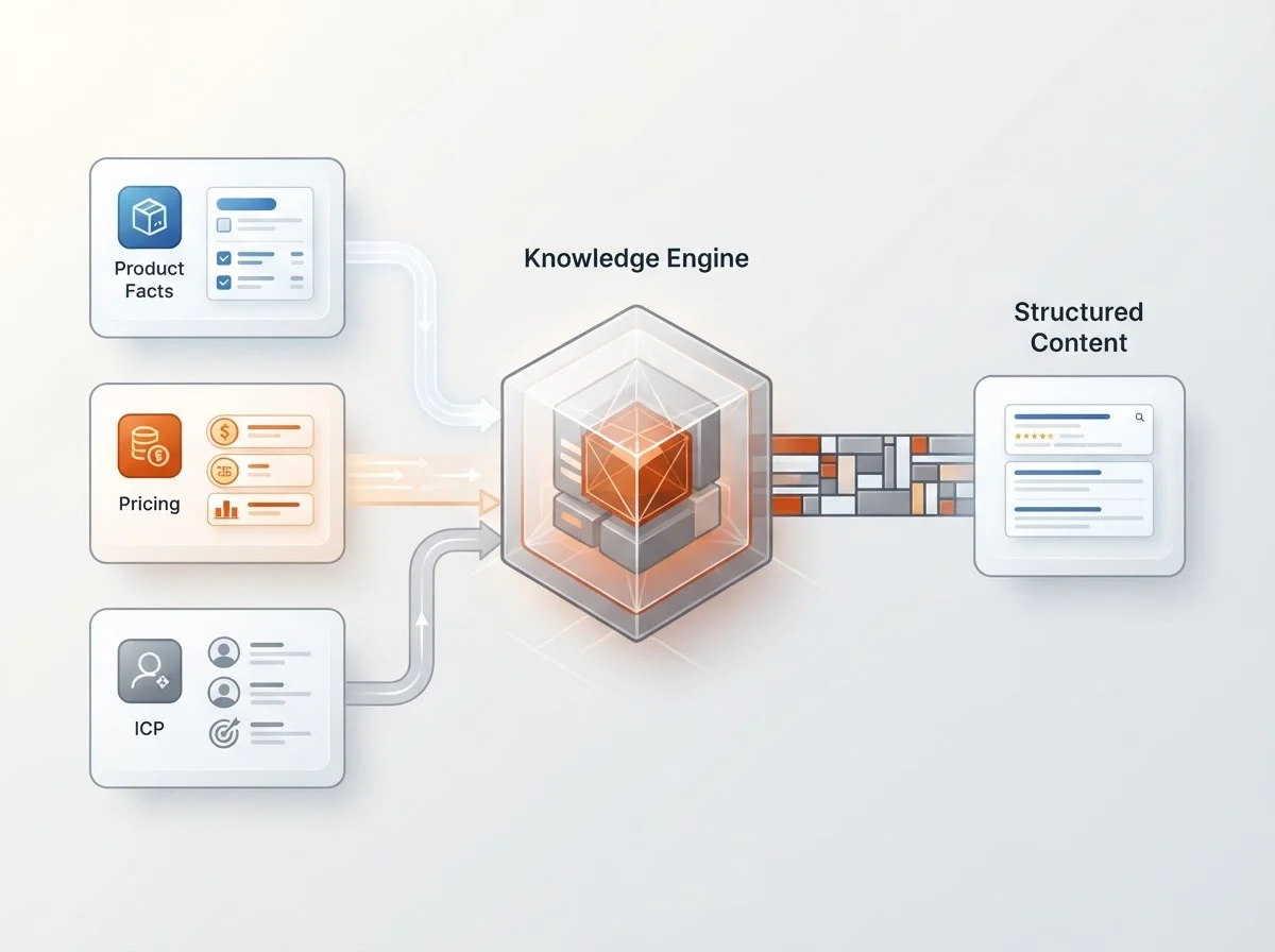 Diagram showing how product facts are organized into a knowledge engine for SEO.